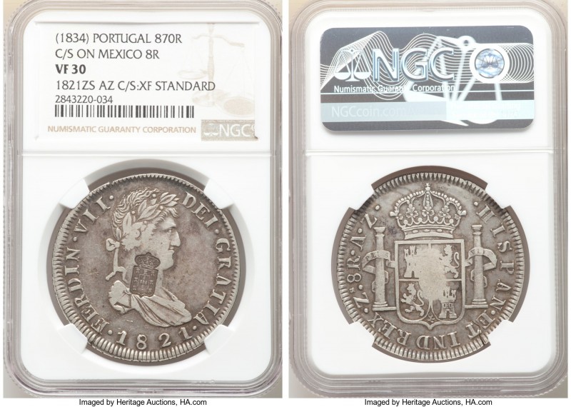 Maria II Counterstamped 870 Reis ND (1834) VF30 NGC, KM440.19. Counterstamped on...