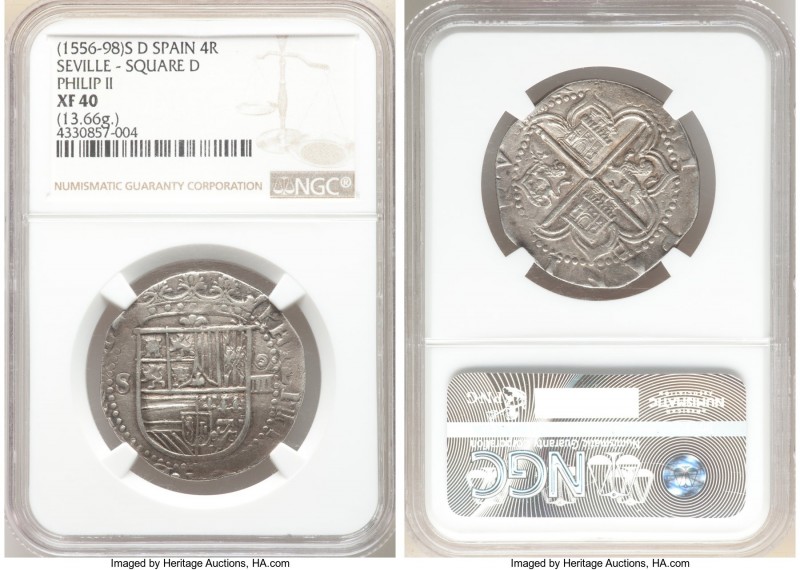 Philip II Cob 4 Reales ND (1556-1598) S-D XF40 NGC, Seville mint, Square D varie...