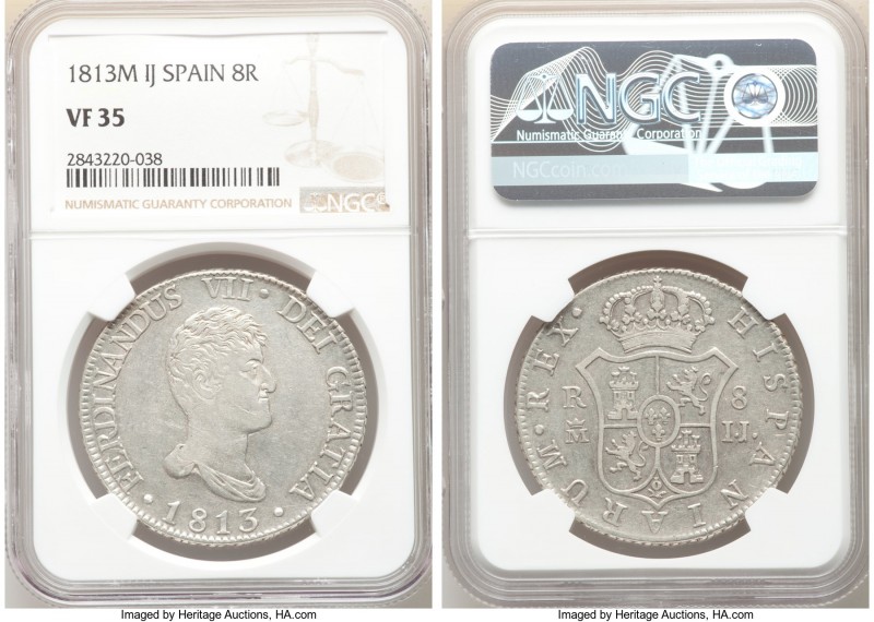 Ferdinand VII 8 Reales 1813 M-IJ VF35 NGC, Madrid mint, KM477. Two year type. 
...