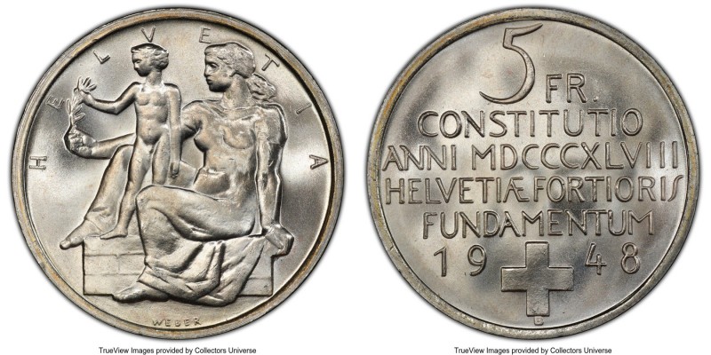 Confederation 5 Francs 1948-B MS66 PCGS, Bern mint, KM48. Swiss constitution cen...