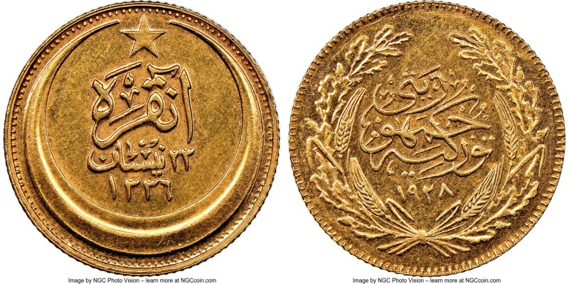 Republic gold 50 Kurush AH 1336 (1928) MS63 NGC, KM841.

HID09801242017

© 2...