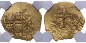 1694-1700. Carlos II (1665-1700). Nuevo Reino. 2 escudos. Au. Uno de los mejores ejemplares conocidos. Brillo original. NGC MS 64. SC. Est.2400.