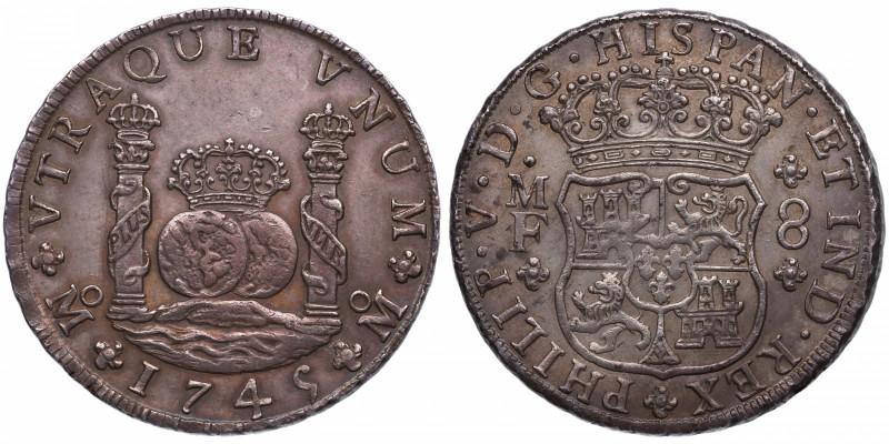 1745. Felipe V (1700-1746). México. 8 reales. F. Ag. Espectacular color, sobre t...
