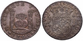 1745. Felipe V (1700-1746). México. 8 reales. F. Ag. Espectacular color, sobre todo en anverso. Insignificante falta de presión en parte del escudo. S...
