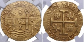 1711. Felipe V (1700-1746). Lima. 8 escudos. A&C 334. Au. Uno de los mejores ejemplares conocidos. NGC MS 63. Bellísimo cospel redondo, centraje y rel...