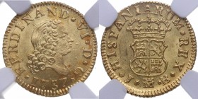1757. Fernando VI (1746-1759). Madrid. 1/2 escudo. JB. Au. Bellísima. Muy alta calidad NGC MS 64. Brillo original. Insignificante pelo de oro en anver...