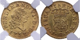 1758. Fernando VI (1746-1759). Madrid. 1/2 escudo. JB. Au. Bellísima. Muy alta calidad NGC MS 64. Brillo original. Insignificantes rayitas de cuño. SC...
