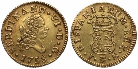 1758. Fernando VI (1746-1759). Madrid. 1/2 escudo. JB. Au. 1,76 g. EBC. Est.200.