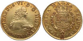 1751. Fernando VI (1746-1759). Santiago. 8 escudos. J. A&C 910. Au. Bella. Brillo original. Precioso color en reverso. Muy ESCASA. EBC / EBC+. Est.350...