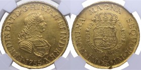 1755. Fernando VI (1746-1759). Lima. 8 escudos. JM. A&C 769. Au. 27,02 g. Segundo busto. Sin indicación de valor. Encapsulada en NGC en MS61. Muy rara...