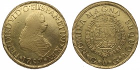 1757. Fernando VI (1746-1759). Guatemala. 8 escudos. Au. Rarísima, más en esta calidad. Reverso extraordinario, más para este tipo. Busto de anverso p...