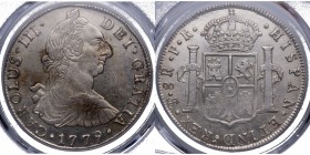 1779. Carlos III (1759-1788). Potosí. 8 reales. PR. A&C 910. Ag. Bella. PCGS AU 58. EBC+. Est.400.