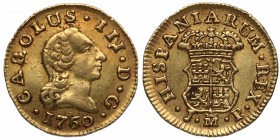 1760. Carlos III (1759-1788). Madrid. 1/2 escudo. JP. Au. 1,78 g. EBC-. Est.200.