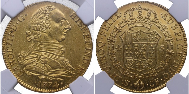 1774. Carlos III (1759-1788). Sevilla. 4 escudos. CF. Au. Uno de los mejores eje...