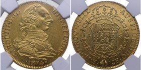 1774. Carlos III (1759-1788). Sevilla. 4 escudos. CF. Au. Uno de los mejores ejemplares conocidos para un Sevilla. Brillo original. NGC MS 62. SC. Est...