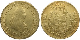 1768. Carlos III (1759-1788). Popayán. 8 escudos. NJ. A&C5687. Au. Muy rara. MBC+. Est.2200.