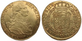 1807/77. Carlos IV (1788-1808). Popayán. 8 escudos. JF. A&C 910. Au. Bella. Brillo original. EBC. Est.2000.