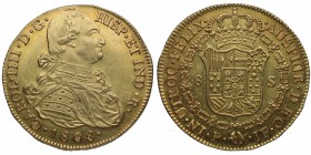 1808. Carlos IV (1788-1808). Popayán. 8 escudos. JF. A&C 910. Au. Insignificantes marquitas. Bella. Brillo original. EBC. Est.1800.