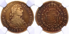 1812. Fernando VII (1808-1833). México. 1 escudo. HJ. Cal 297. Au. 3,37 g. XF45 NGC 2102386-002. Busto imaginario. Pátina. Rara. MBC+. Est.775.