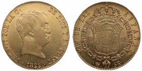 1822. Fernando VII (1808-1833). Madrid. 160 reales. SR. Au. Falta de presión del cuño en varias zonas, habitual en esta denominación, pero gran ejempl...