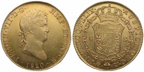 1820. Fernando VII (1808-1833). Madrid. 8 escudos. GJ. A&C 910. Au. Bella. Brillo original. Buen relieve. EBC+. Est.2000.