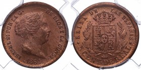 1864. Isabel II (1833-1868). Segovia. 5 céntimos. A&C 910. Cu. Muy bella. Brillo original. PCGS MS 64 RD. SC. Est.130.