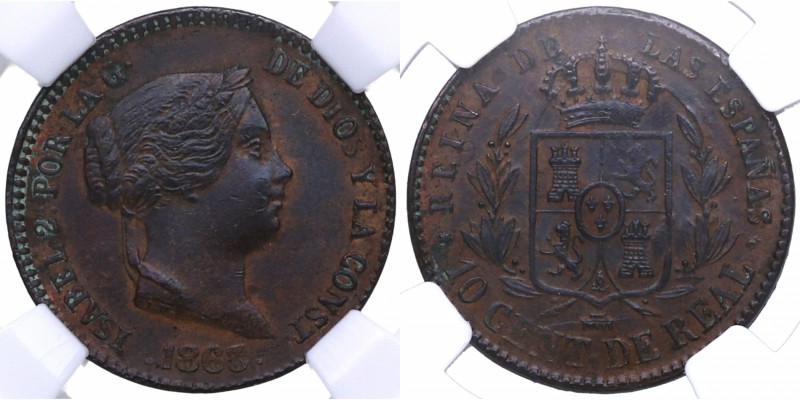 1863. Isabel II (1833-1868). Segovia. 10 céntimos de real. Cal 609. Ae. AU58 NN ...