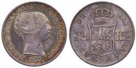 1853. Isabel II (1833-1868). Barcelona. 2 reales. A&C 334. Ag. Bellísima. Espectacular pátina. SC. Est.350.