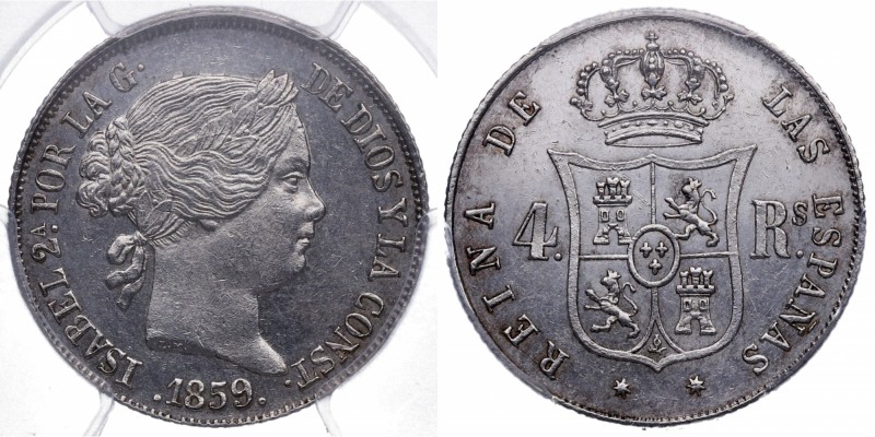 1859. Isabel II (1833-1868). Sevilla. 4 reales. A&C 910. Ag. Bella. Brillo origi...