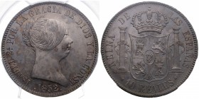 1852. Isabel II (1833-1868). Madrid. 10 reales. A&C 910. Ag. Bellísima. Preciosa pátina. PCGS MS 62. SC. Est.400.