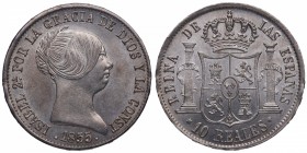 1855. Isabel II (1833-1868). Sevilla. 10 reales. A&C 552. Ag. 13,00 g. Bellísima. Pleno brillo original. SC. Est.500.