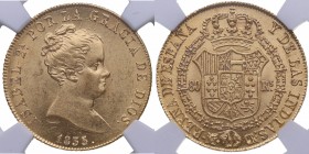 1838. Isabel II (1833-1868). Madrid. 80 reales. CR. Au. Bellísimo relieve. NGC MS 63. Brillo original. ESCASA. SC. Est.750.