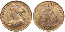 1857. Isabel II (1833-1868). Madrid. 100 reales. A&C 910. Au. Bella. Brillo original. SC. Est.375.