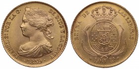 1859. Isabel II (1833-1868). Madrid. 100 reales. A&C 910. Au. Bella. Brillo original. SC-. Est.350.