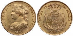 1860. Isabel II (1833-1868). Madrid. 100 reales. A&C 910. Au. Bella. Brillo original. SC. Est.375.