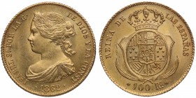 1862. Isabel II (1833-1868). Madrid. 100 reales. A&C 910. Au. Bella. Brillo original. SC. Est.375.