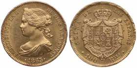 1863. Isabel II (1833-1868). Madrid. 100 reales. A&C 910. Au. Bella. Brillo original. SC. Est.375.