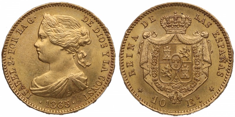 1865. Isabel II (1833-1868). Madrid. 10 escudos. A&C 910. Au. Bella. Brillo orig...