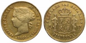 1862. Isabel II (1833-1868). Manila. 4 pesos. A&C 334. Au. Atractiva. Brillo original. EBC. Est.350.