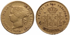 1868. Isabel II (1833-1868). Manila. 4 pesos. A&C 345. Au. Atractiva. Brillo original. EBC-. Est.350.
