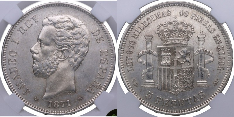 1871*18*71. Amadeo I (1871-1873). 5 pesetas. Ag. AU50 NN coins 2762881-152. EBC....