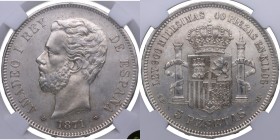 1871*18*71. Amadeo I (1871-1873). 5 pesetas. Ag. AU50 NN coins 2762881-152. EBC. Est.250.
