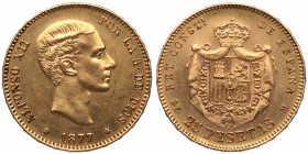 1877*18*77. Alfonso XII (1874-1885). Madrid. 25 pesetas. DEM. Au. 8,09 g. SC-. Est.375.