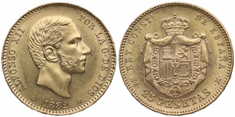 1882*82. Alfonso XII (1874-1885). Madrid. 25 pesetas. MSM. A&C 1002. Au. Bella. ...