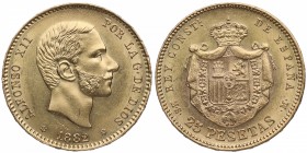 1882*82. Alfonso XII (1874-1885). Madrid. 25 pesetas. MSM. A&C 1002. Au. Bella. Brillo original. RARA. SC-. Est.750.