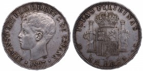 1897. Alfonso XIII (1886-1931). Manila. 1 peso. SGV. A&C 334. Ag. Atractiva. Bonito color. EBC-. Est.90.