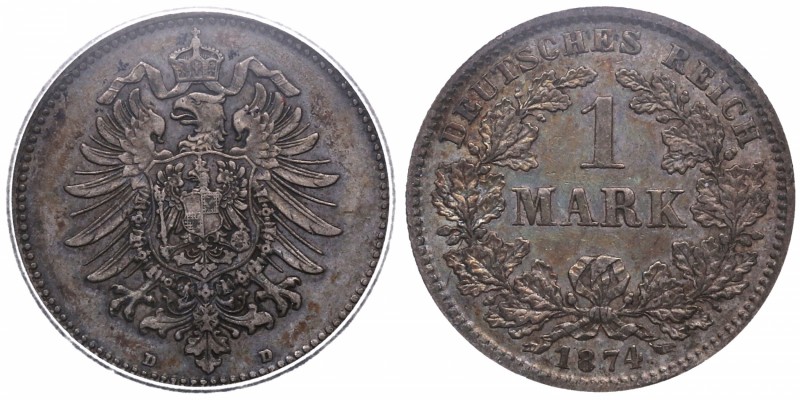 1874-D. Alemania Imperio. 1 mark. KM 7. Ag. AU50 Certificada NGC. EBC. Est.80.