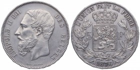 1876. Bélgica. Leopoldo I. 5 francos. Ag. Bella. EBC+ / EBC. Est.200.