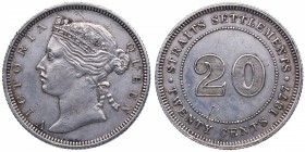 1877. Establecimientos de los Estrechos. 20 cents. KM 12. Ag. 5,42 g. EBC+. Est.510.