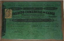 1869. Billetes Españoles. Alfonso XIII (1886-1931). Banco de Cádiz. 500 reales de vellón. Tres dobleces verticales y doblez horizontal. Cuatro taladro...